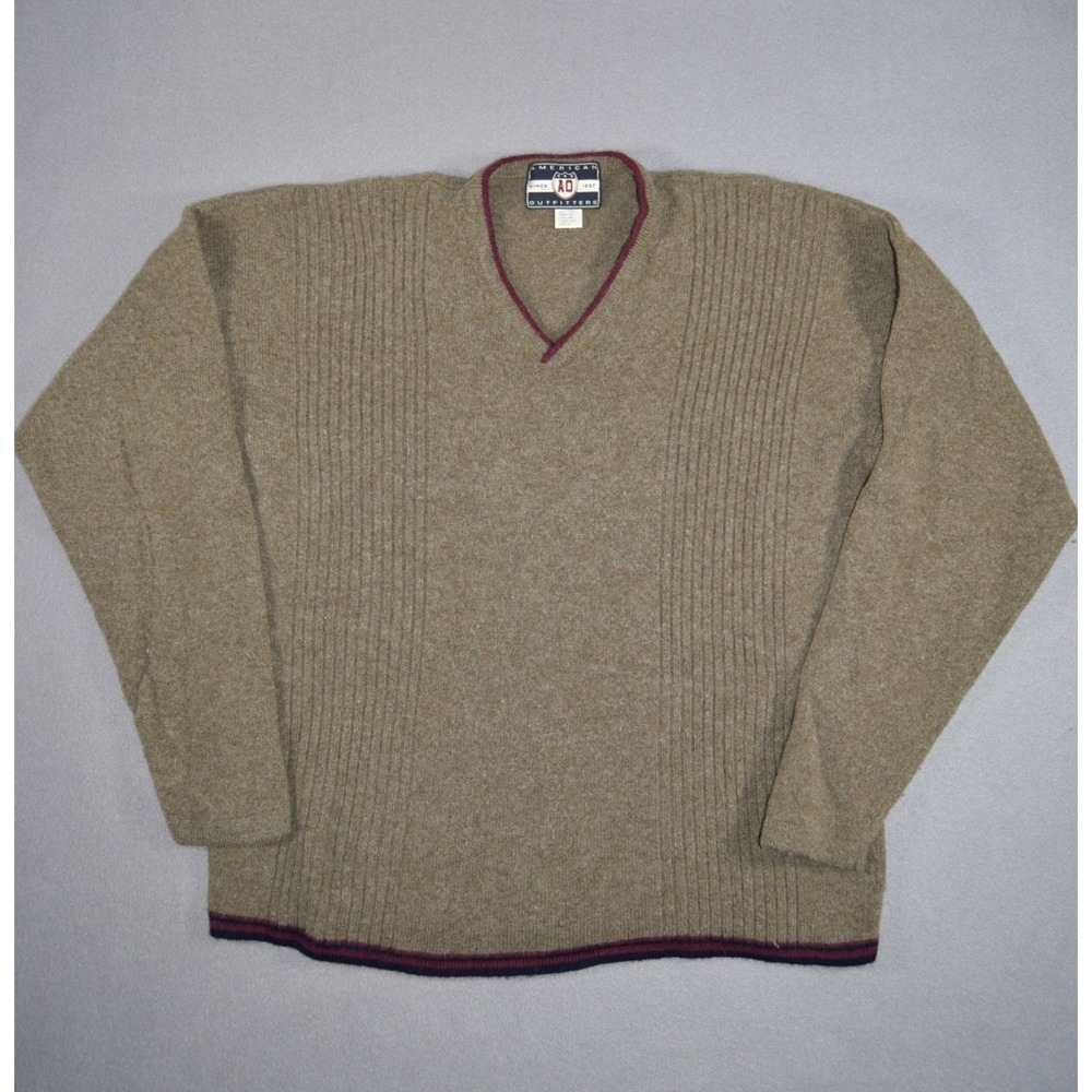 American Outfitters Sweater Mens XL Brown 100% Wool V Neck Ribbed Pullover